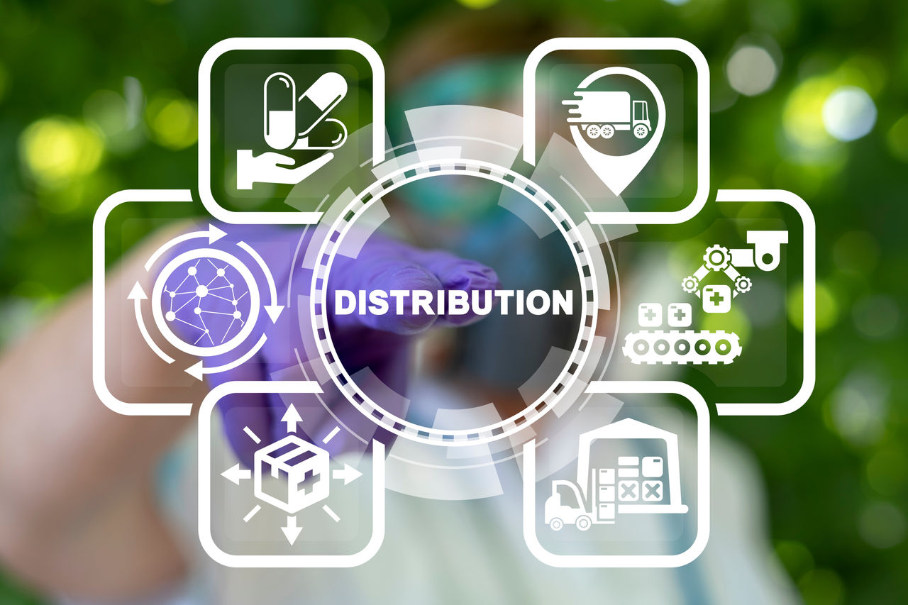 Imagen representativa de la distribución farmacéutica: distribución, entrega, cadena de suministro, logística y gestión de compras.