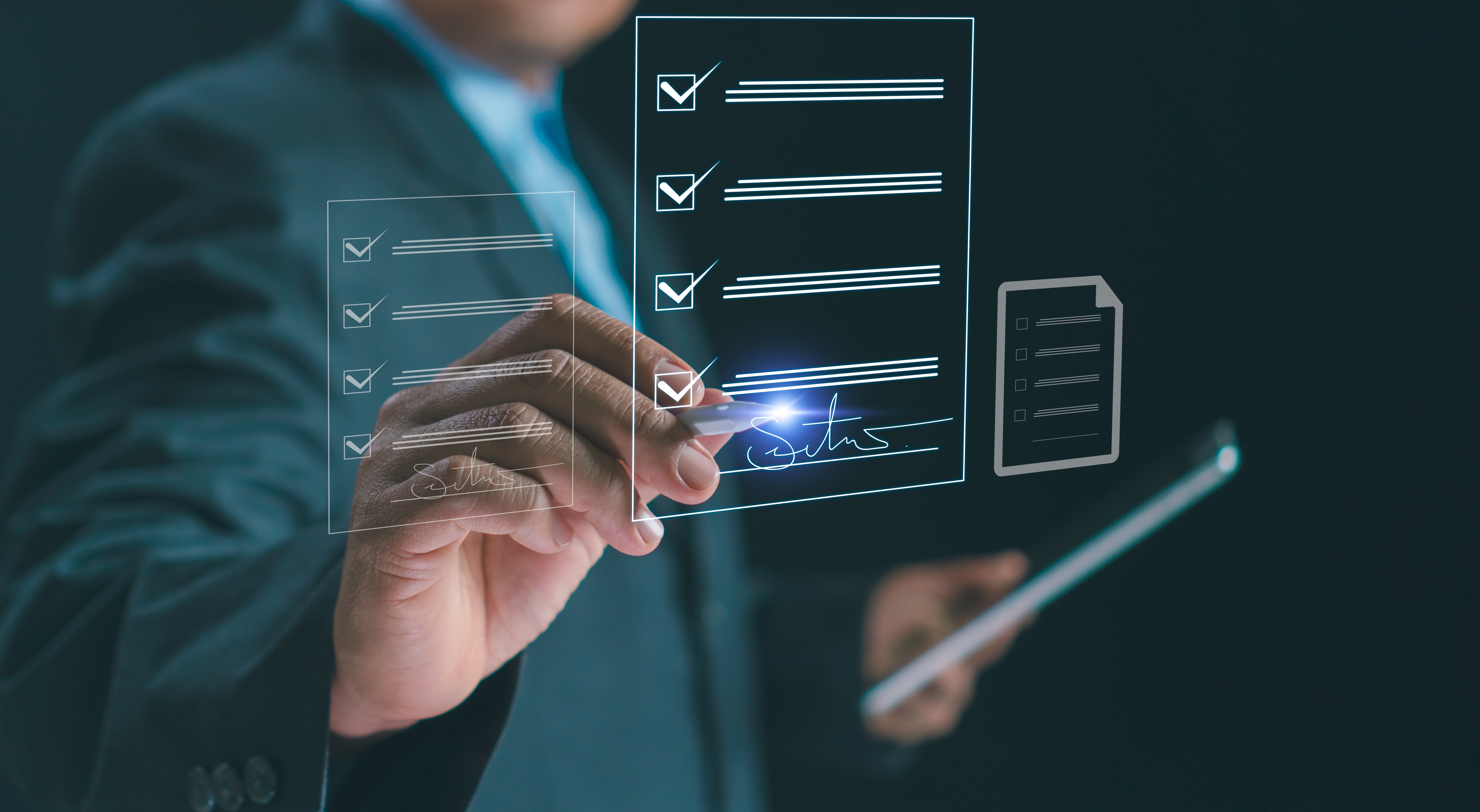 Concept E-signing, electronic signature, document management, paperless office. Lawyer or Businessman Check document and approve agreement sign on e-document digital virtual screen with stylus pen.