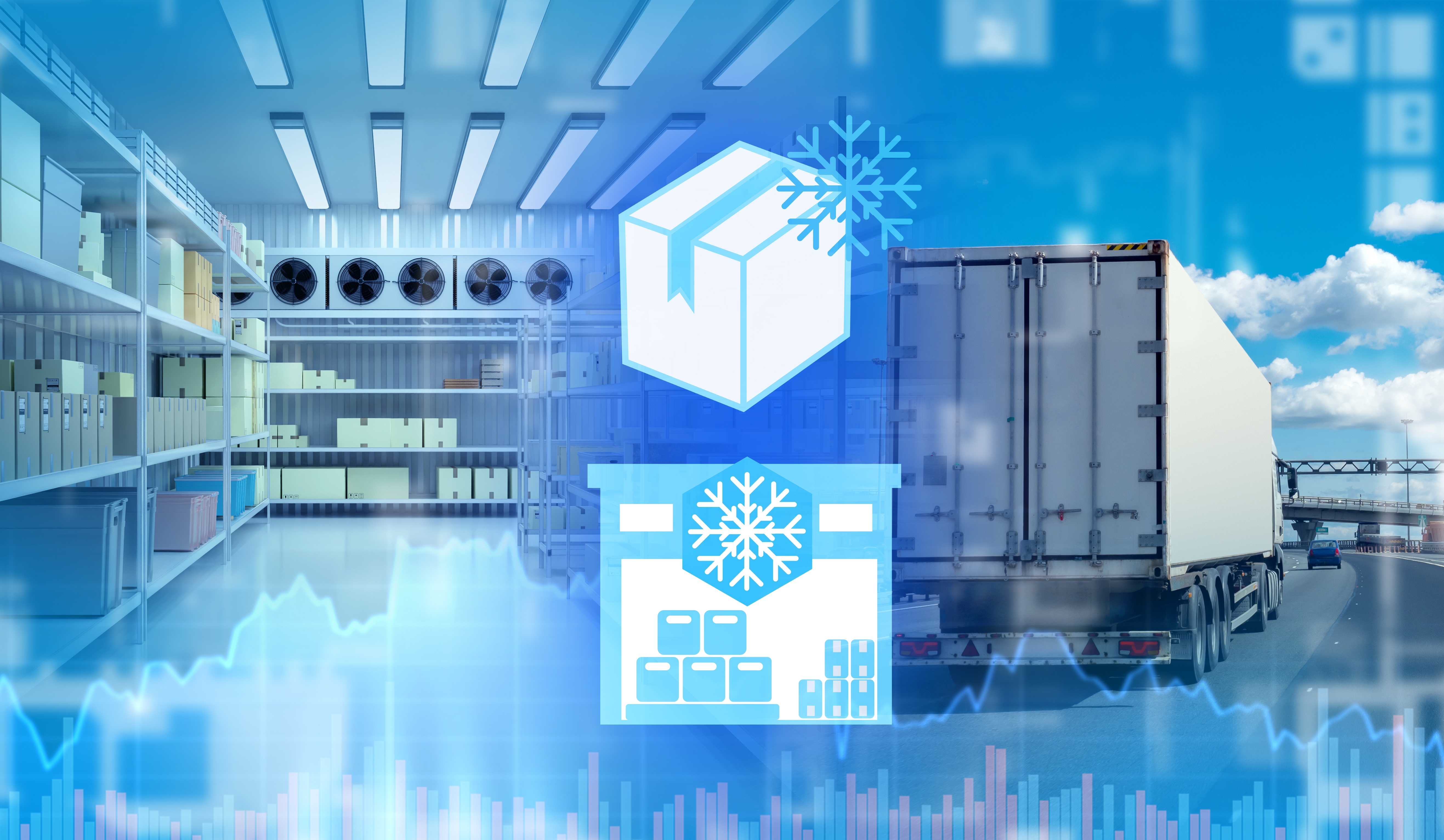Transportation of frozen products. Transportation of refrigerated goods. Refrigerator container on truck. Racks with boxes inside truck. Frozen food logistics. Refrigerator on truck.